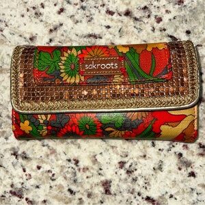 Sakroots Artist Circle Red Green Floral Trifold Wallet Peace Aluminum Trim EUC